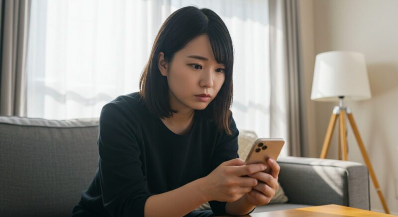 黒い服を着た若い日本人女性がスマートフォンで真剣にメッセージを作成している様子